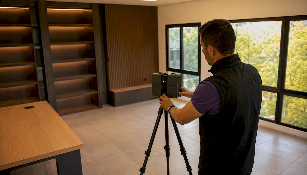 Tour virtual inmobiliario: qué elegir y cómo implementarlo Especialista realizando un escaneo 3D en una vivienda desocupada