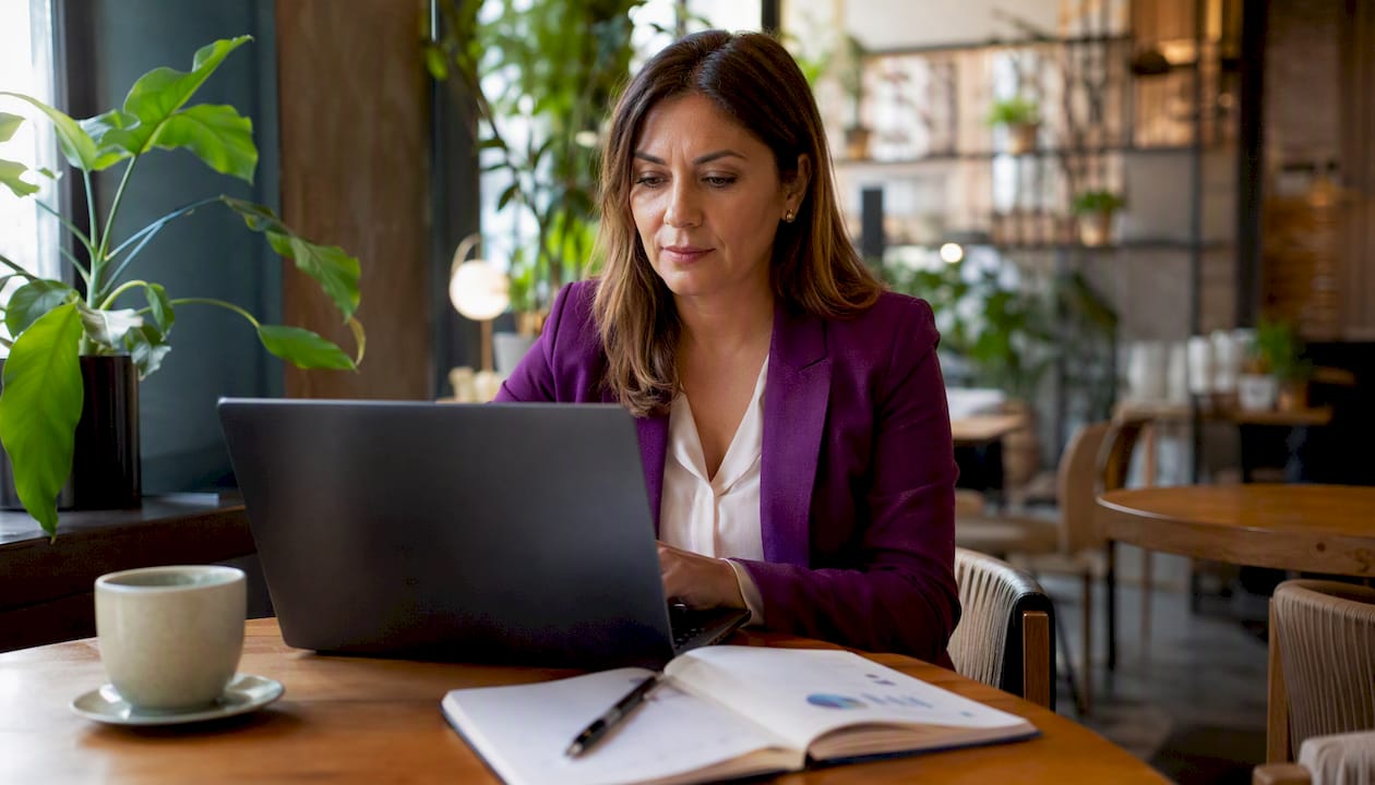Tour virtual inmobiliario: qué elegir y cómo implementarlo Mujer analizando las estadísticas de visitas virtuales desde su portátil